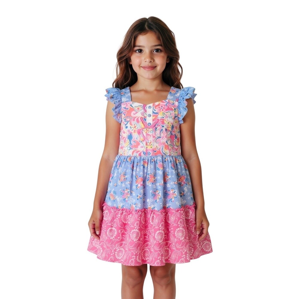 Jona Michelle Girls Tiered Floral Paisley Ruffle Dress Pink Blue Size 7